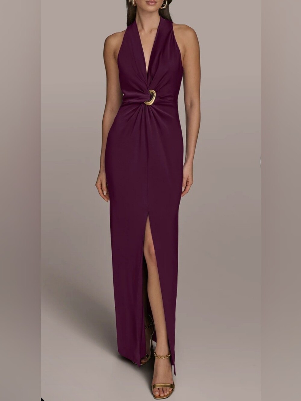 Donna Karan Halter Maxi Dress with Gold Accent